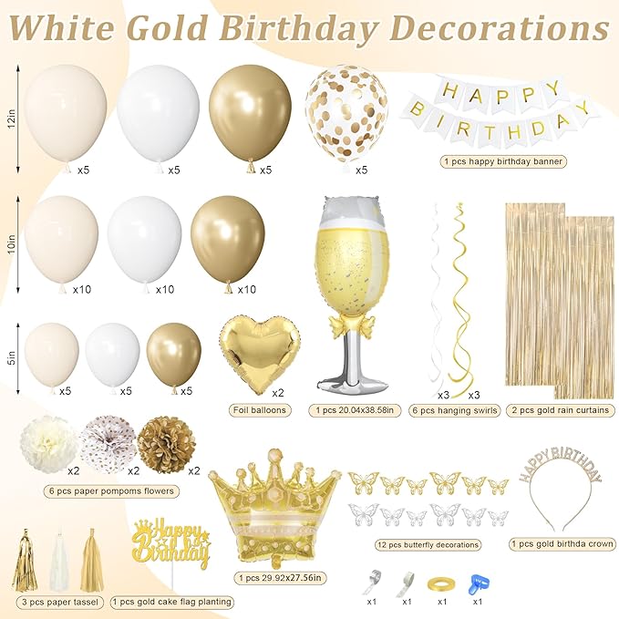 White and Golden Birthday Party Decorations Happy Birthday Banner Fringe Curtains Butterfly Gold White Sand Confetti Foil Balloons Happy Birthday