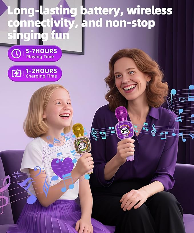 Bluetooth Karaoke Microphone Toy for Kids - Mini Portable Speaker with LED Lights, Wireless Pairing (TWS) for Duet Singing, Christmas Birthday Gift Toys for Boys & Girls Ages 2-12 (purple - 1)