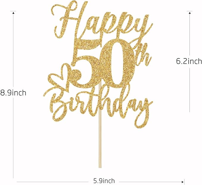 Happy 50th Birthday Cake Topper, 50th Birthday Cake Decorations, Cheers to 50 Years, 50 Fabulous, 50th Happy Birthday Party Decorations Gold Glitter