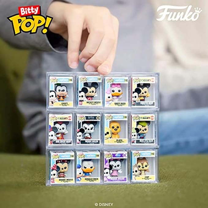 Funko Bitty POP! Disney - Mickey, 4-Pack - Mickey Mouse, Minnie Mouse (Pink Dress), Pluto and A Surprise Mystery Mini Figure - 0.9 Inch (2.2 Cm) Collectable - Stackable Display Shelf Included
