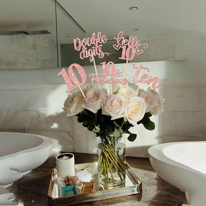 15PCS Happy 10th Birthday Centerpiece Sticks Ten Hello 10 Cheers to 10 Table Flower Centerpieces Sticks Double Digits 10 Fabulous Floral Decorations for 10th Birthday Party Centerpieces Rose Gold