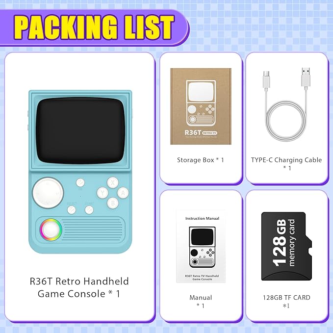 R36T Retro Gaming Console, 3.5'' IPS Screen CRT-Inspired, Handheld Game Console with 22000+ Classic Games Supports WiFi Networked Fighting and OTG, 3500mAh Battery, with Portable Case(Blue 128GB)