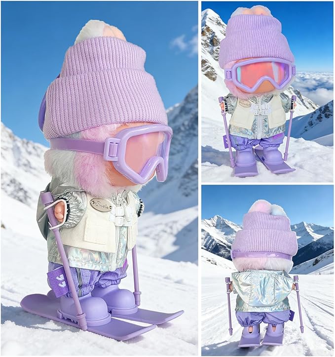 17cm Doll Clothes and Accessories Set for Lububu- Winter Snow Themed Ski Outfits with Hat, Jacket, Pants, Mini Poles, Goggles & Skis, Designer Clothing for Doll Dress-Up and Display(Purple)