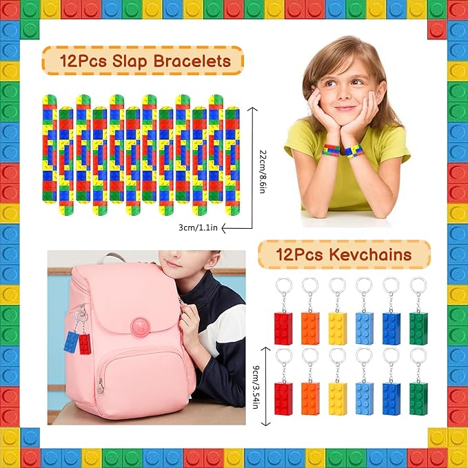 Bluegogo 104Pcs Building Block Birthday Party Favors for Kids Include Mini Notebook Pens Straws Keychains Erasers Wristbands Stickers Bags for Building Blocks Birthday Party Supplies