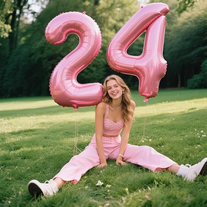 40 Inch Pearlescent Pink Number 24 Balloon Number 24 Balloon 40 Inch, 24th Birthday Party Decorations for Boy or Girl Huge Mylar Anniversary Party Supplies