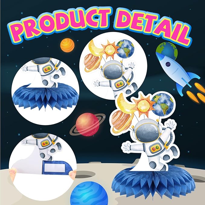 12 Pcs Outer Space Baby Boy Shower Decorations Welcome It's a Boy Baby Shower Honeycomb Centerpieces Blue Astronaut Rocket Bottle Planet Table Topper Table Decoration for Birthday Party Favors