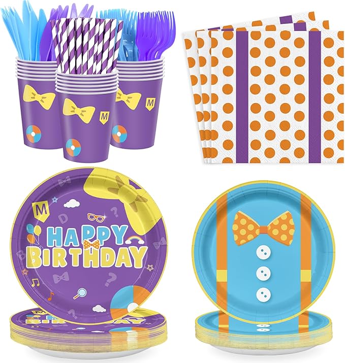 168PCS English Teacher Party Supplies for Boys Girls Purple Cartoon Teacher Themed First Birthday Party Decorations with Paper Plates Cups Tableware Set for 24 Guests
