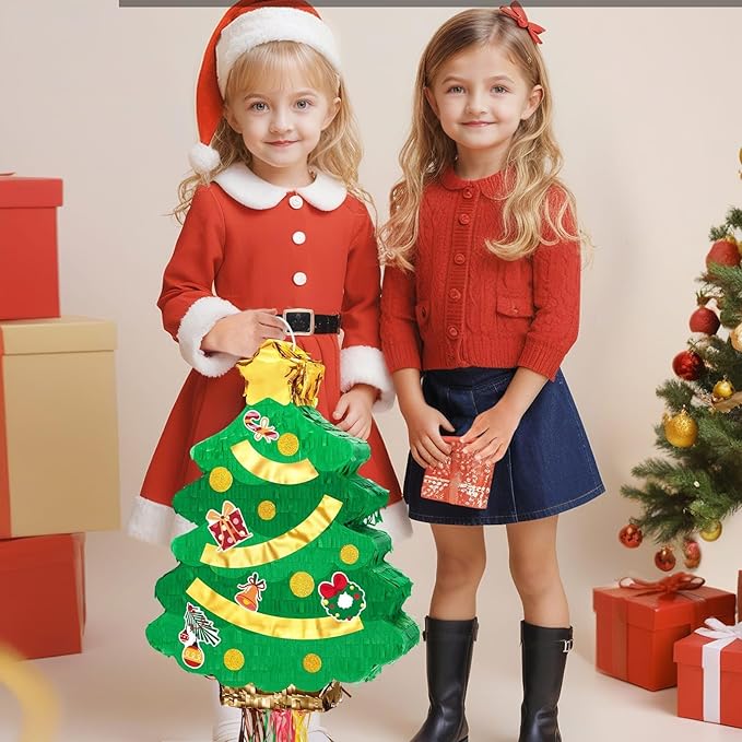 WERNNSAI Christmas Tree Piñata - Christmas Decorations XmasTree Party Game for Kids Festival Party Decor Supply Green Tree Design Merry Xmas Favor Pull String with Blindfold Bat 16.5” x 12.4”