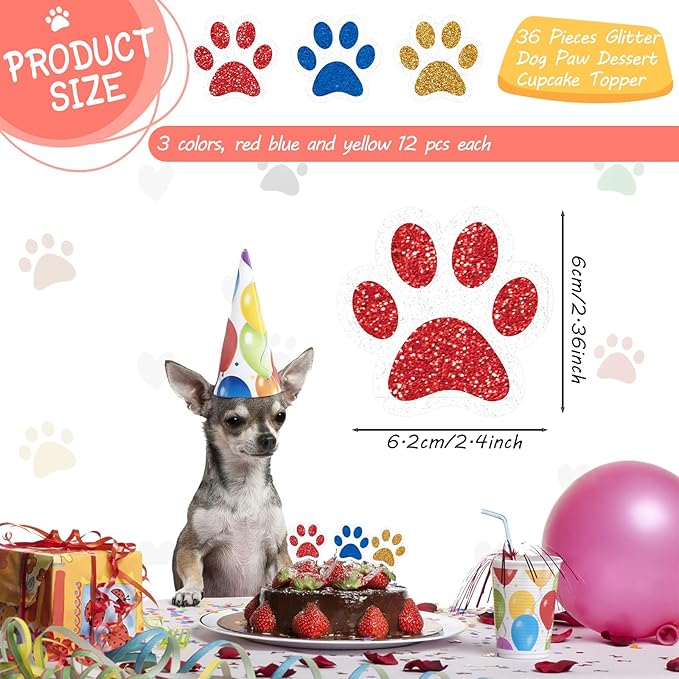 36 Pcs Paw Cupcake Toppers Glitter Dog Paw Cake Decorations 3 Colors Glitter Puppy Cupcake Toppers for Baby Shower Boys Girls Birthday Party Cake Supplies (Red Yellow and Blue)