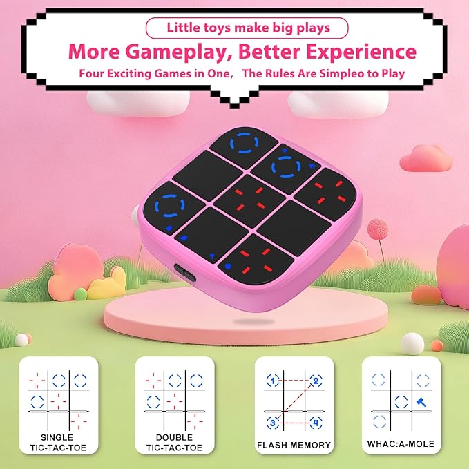 Rechargeable Tic-Tac-Toe Bolt Game, Upgraded 4-in-1 Handheld Puzzle Console, Electronic Educational Memory Game, Portable Travel Car Ride Board Games for Kids Adults (Pink)