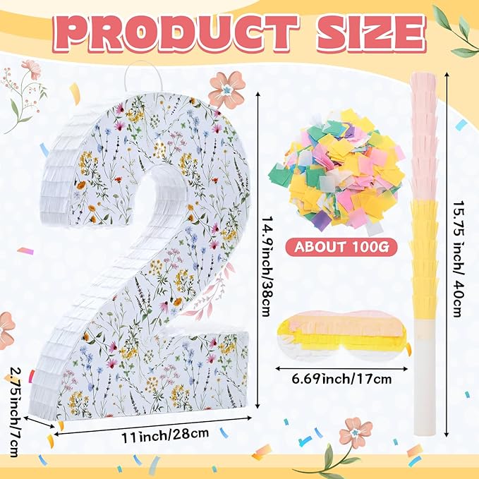 Wildflower Number Pinata Birthday Decorations Spring Floral Pinata with Stick Blindfold Confetti for Birthday Party Supplies Baby Shower Decor(Number 2)