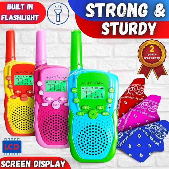Waka Waka Walkie Talkies for Kids (3 Pack, Yellow, Red, Green) — Long Range Two-Way Walkie Talkie Set with Bandanas and Whistles Included — Great for Indoor or Outdoor Play — Gift for Boys and Girls