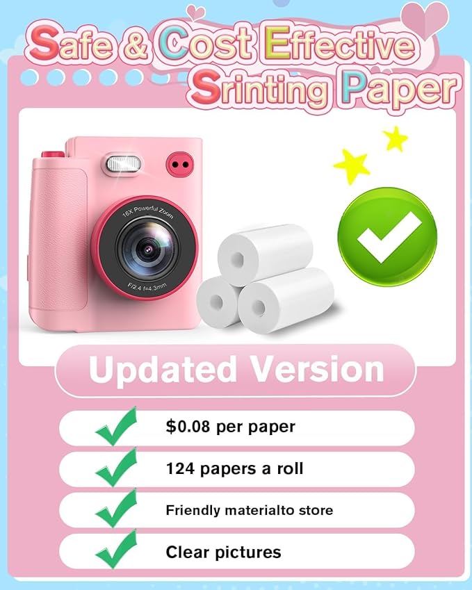 Mason & Friends Kids Instant Print Camera – 1080P HD Digital Camera for Boys & Girls Ages 3–10 | Photo, Video, Music & Games | Includes 32GB SD Card – Perfect Birthday (Pink)