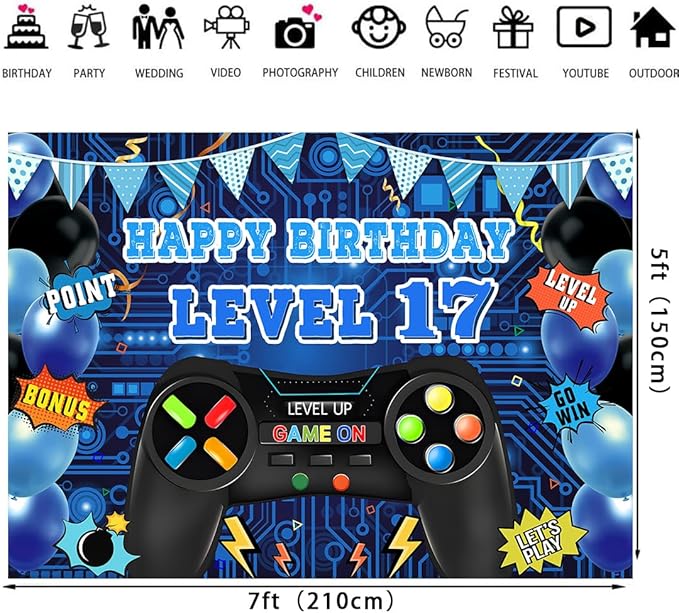 Game Theme Level 17 Birthday Backdrop Video Game Happy 17th Birthday Party Decorations Level Up Theme Boys Kids Birthday Party Supplies(7×5FT)