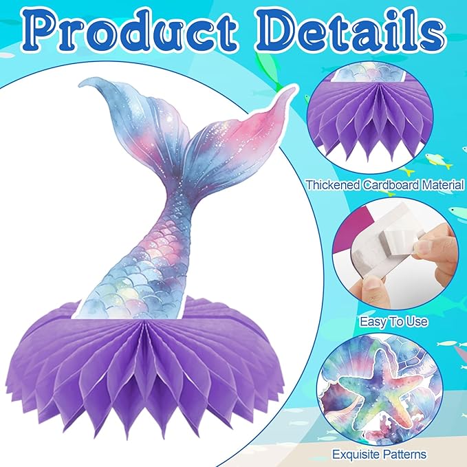 10 PCS Ocean Party Decorations 3D Mermaids Honeycomb Centerpieces for Table Mermaid Table Topper Decor for Ocean Under the Sea Theme Birthday Baby Shower Party Favors