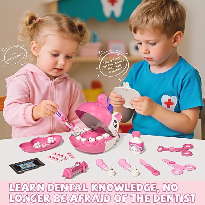 Dentist Play Set Toys for Girls, Doctor Kit for Toddlers 3-5, Unicorns Pretend Play Girl Toys 3 4 5 6 7 8 Years Old, Kids Doctor Playset with Light & Sound, Birthday Gifts for 3 4 5 6 7 8 Year Old