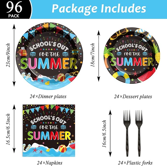 96 Pieces End of School Year Theme Tableware Set for Kids Class Summer Table Decorations Supplies School's Out Dessert Plates Napkins Forks for 24 Guests Tropical Beach Pool Disposable Party Favors