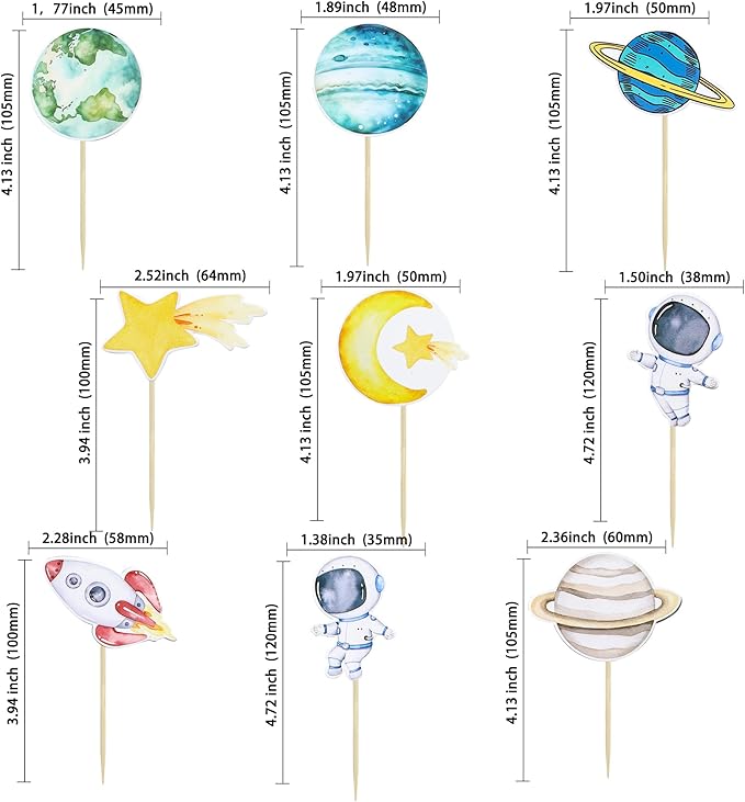 Ephlyn 36Pcs Space Astronaut Cupcake Toppers Planet Rocket Spaceship Trip to the Moon Star Cupcake Food Picks Universe Outer Space Theme Baby Shower Kids Birthday Party Supplies Blue