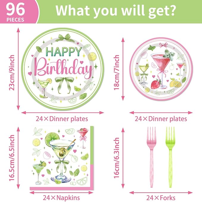 96 Pcs Martini Happy Birthday Party Supplies, Martini Bow Plates and Napkins Tableware Set, Tini Bit Older Birthday Decorations, Bar Bachelorette Party Disposable Dinnerware Serve 24 Guests