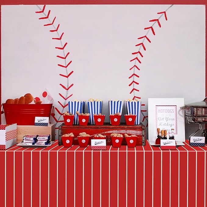 Disposable Baseball Tablecloths, 4 Pcs Plastic Red and Blue Stripe Table Covers for Baseball Birthday Decorations, 51 x 86 inches