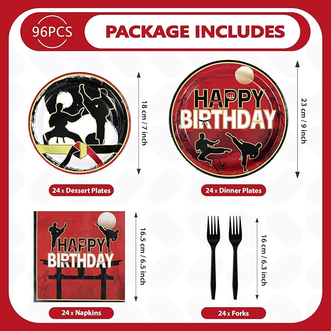 96 Pcs Karate Birthday Party Decorations Taekwondo Martial Arts Plates and Napkins Disposable Karate Themed Tableware Set for Kids Boys Ninja Sports Birthday Party Supplies Serves 24