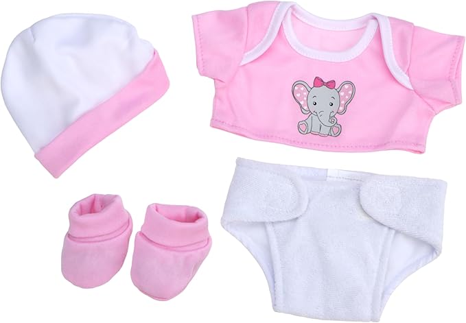 JC Toys Baby Girl 4-Piece Layette Set with Elephant Design, Pink and White, Includes T-Shirt, Cap, Booties and Diaper Made for Dolls 12"-14" Long