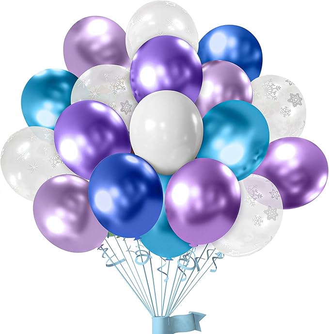 Balloons Set, 50pcs 12inchs Purple Blue Snowflack Print Balloons,for Boys Girls Fozen Birthday Baby Shower Decorations Christmas Winter Wonderland Party Supplies