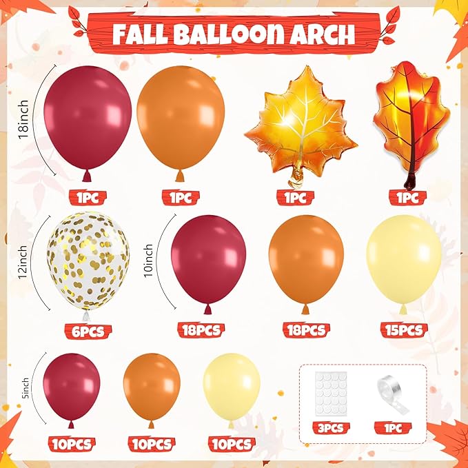 Fall Balloon Arch Kit, Thanksgiving Balloon Garland with Wine Red Orange Pastel Yellow Balloons with Leaf Foil Balloons for Thanksgiving Autumn Fall Birthday Baby Shower Party Decorations