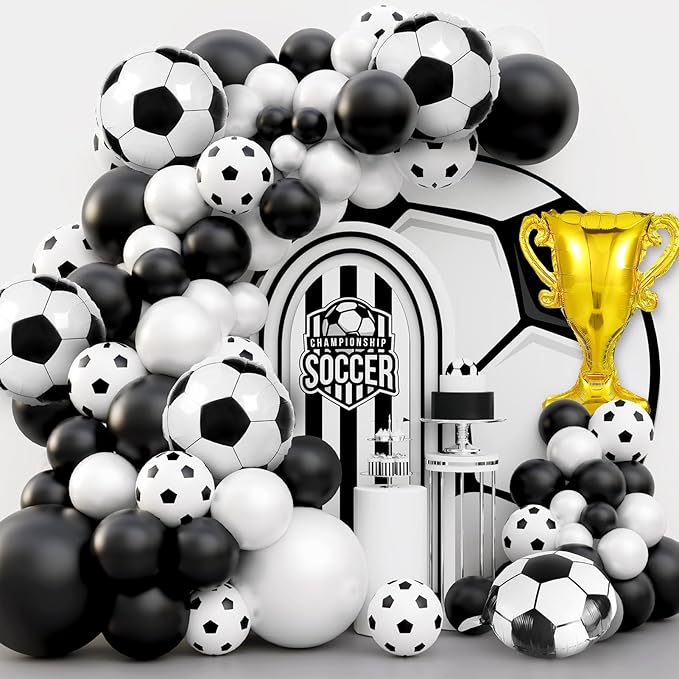Soccer Balloon Garland Arch Kit, 98Pcs 18 12 10 5 inch Black White Soccer Balloons with 18inch Football Foil Balloons for Sports Theme Soccer Party Decorations