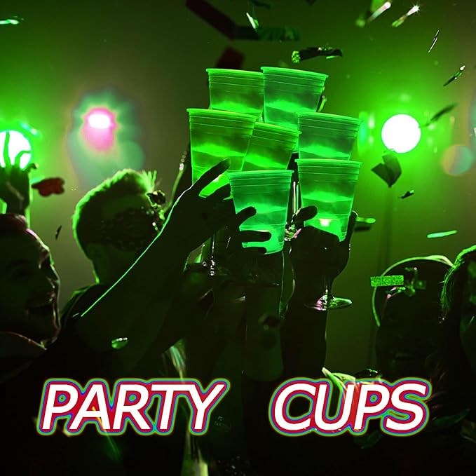 mishunyus Green Glow Cups, 16 oz Cups-Ounce Plastic Party Cups, Strong and Sturdy Disposable Cups for Party，St Patrick day Plastic Cups Decoration(40 Pack)