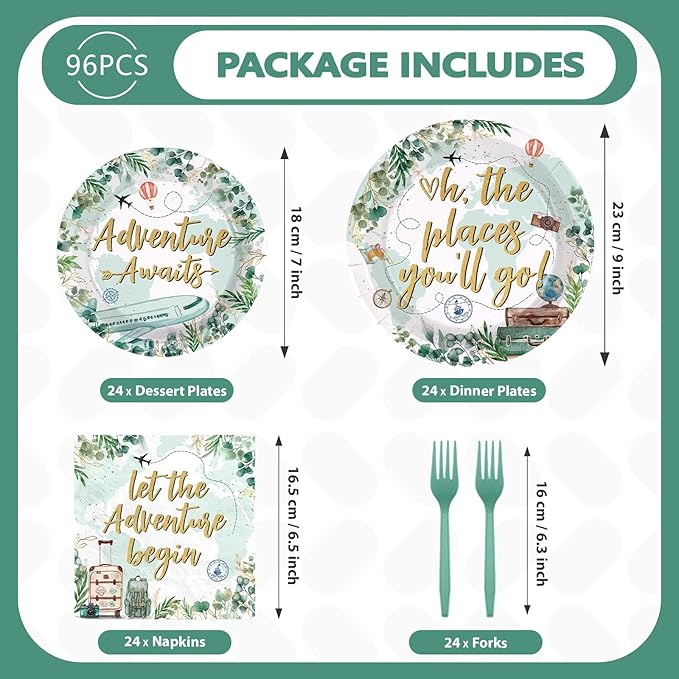 96Pcs Adventure Awaits Party Decorations Greenery Eucalyptus Travel Themed Plates and Napkins Let The Adventure Begin Baby Shower Party Decorations for Voyage Farewell Birthday Supplies Serves 24