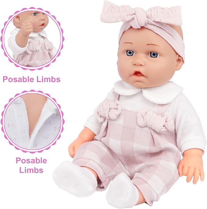 Ecore Fun 12" Baby Doll and Clothes Accessories Playset - 6 Pcs 12 Inch Doll with Pink Romper Outfit, Headband, Socks, Pacifier, Bottle | Gift Ready in Box