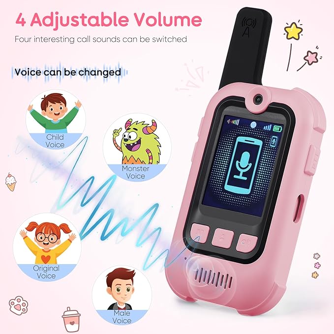 Video Walkie Talkies for Kids with Real-Time Screen & Voice Changer, 1000FT Long Range Kids Walkies Talkies, USB-C Rechargeable & Cute Stickers, Outdoor Toys for Family Games, Camping, Hiking