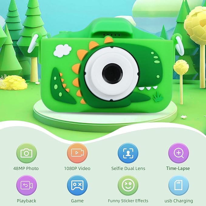 Upgrade Dinosaurs Digital Camera for Kids: Dual Lens Camera Toys for 3-12 Boys Girls - 1080P HD Selfie Digital Video Camera for Children - Christmas Birthday Gifts for 3 4 5 6 7 8 9 Year Old