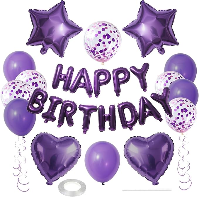 27 Pcs Purple Birthday Decorations, 3D Letters Dark Purple Happy Birthday Balloon Banner, Pentagram Heart Foil Balloons Confetti Balloons Kit For Boys Girls Party Supplies