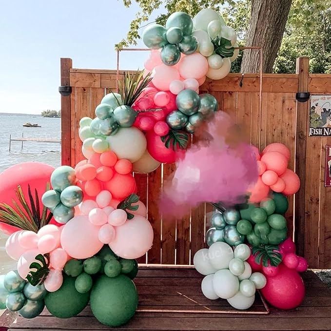 Pink Flamingo Balloons Garland Arch Kit Tropical Balloons with Olive Green Pastel Pink Red Chrome Green Hot Pink Latex Balloon for Summer Beach Hawaii Party Birthday Luau Aloha Decoration