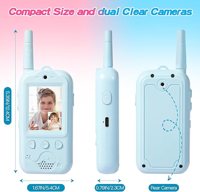Video Walkie Talkies for Kids,Dual Camera 2-Pack Rechargeable Video Intercom Long Range Walkie Talkies,Voice Chat&Photo,Gifts for Age 3-12 Boys Girls Indoor Outdoor Games,Camping (Blue + Pink)