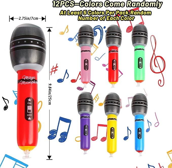 KIMOBER 12PCS Inflatable Microphones,Colorful Blow up Microphones Stage Act Mic Props for Pretend Play Party Favors Supplies