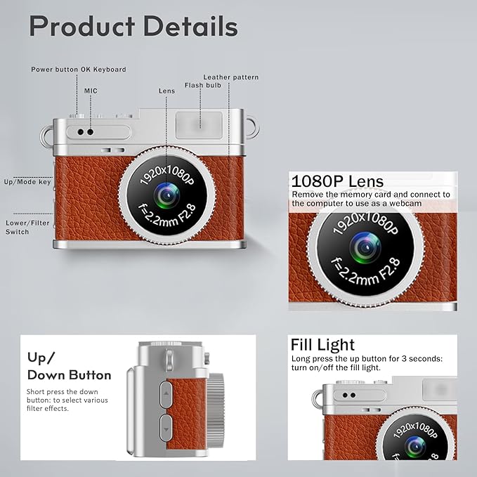 KOOMTOOM Keychain Camera,1080P HD Mini Retro Camera,Tiny Digital Photocamera with 32GB SD Card,0.96'' Pocket Video Recorder Gift for Kids Students,Suprise Box Included (Retro Red Brown)