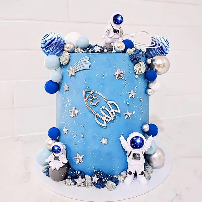 LaVenty Space Cake Toppers Outer Space Astronaut Rocket Stars Cake Decorations for Birthday Party Supplies Baby Shower