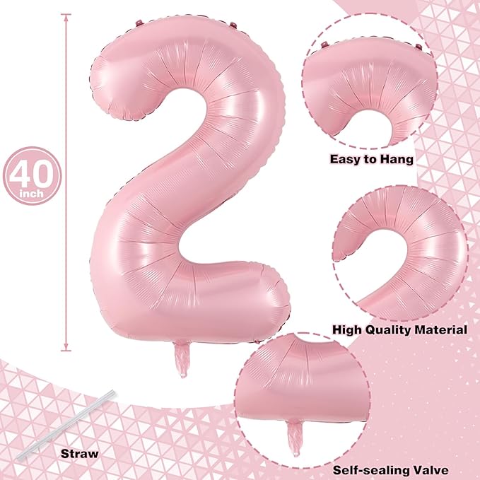40 Inch 20th Birthday Balloon for Women - Pastel Pink Mylar Self Inflating 20 Balloon Numbers, Big 2 & 0 Helium Foil Birthday Party Decor