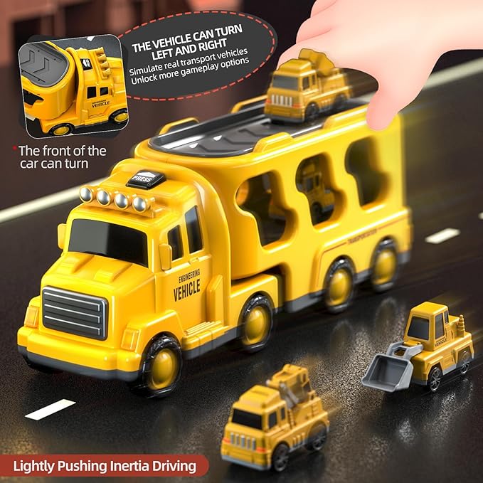 5 in 1 Construction Trucks Cars Toys for Toddlers 3-5, Boy Toddler Car Truck Toys with Light Sound, Includes Crane, Mixer, Bulldozer & Excavator, Birthday Gifts Toys for 2 3 4 5 Year Boys