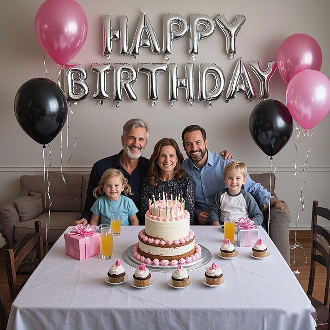 27 Pcs Pink Silver Black Birthday Decorations, 3D Letters Multi Color Happy Birthday Balloon Banner, Pentagram Heart Foil Balloons Confetti Balloons Kit For Boys Girls Party Supplies
