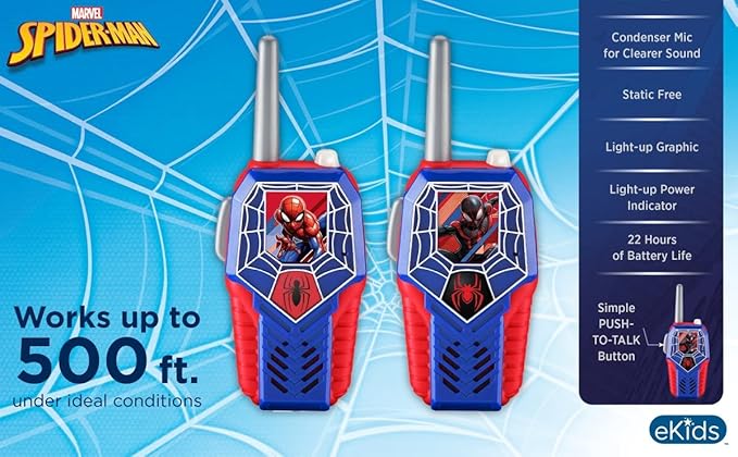 ekids Spiderman Toy Walkie Talkies for Kids, Light-Up Indoor and Outdoor Toys for Kids and Fans of Spiderman Toys