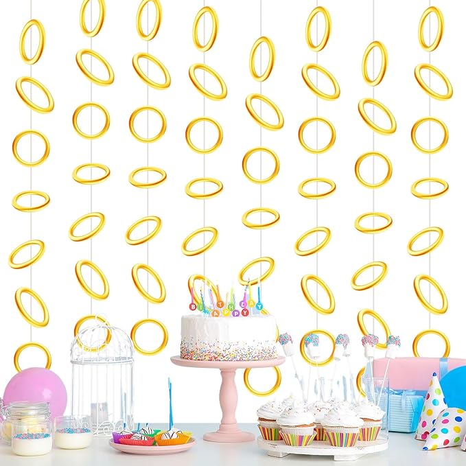Janlaugh 8 Pcs Gold Rings Party Decorations Gold Power Rings Garland Banner Golden Classroom Ceiling Hanging Streamers Cutouts for Video Games Birthday Baby Shower Party Supplies Photo Booth Backdrops