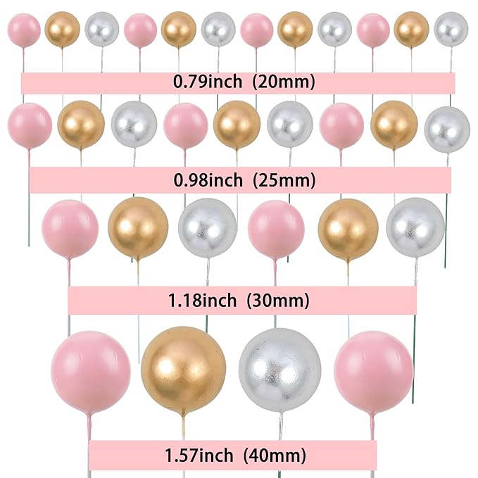 Gyufise 30Pcs Balls Cake Topper Foam Ball Cake Picks Mini Balloon DIY Cake Insert Topper Decoration for Baby Shower Wedding Anniversary Kids Birthday Party Cake Decorations Gold Silver Pink
