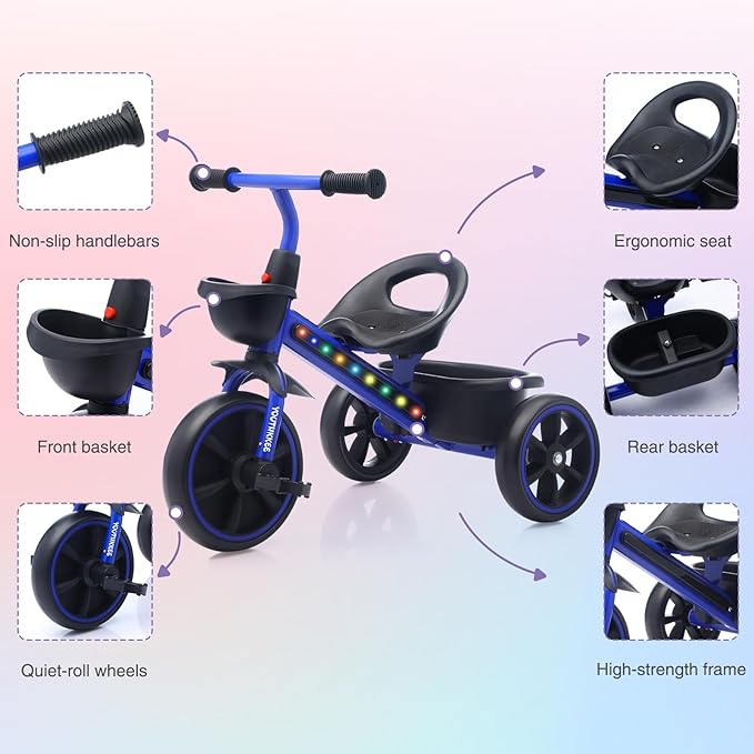 Kids Tricycle with Colorful LED Lights for Toddlers 1-3 Years, Stable 3-Wheel Design & Storage Basket for Fun Indoor Outdoor Ride, Gift for Baby Boy Girl