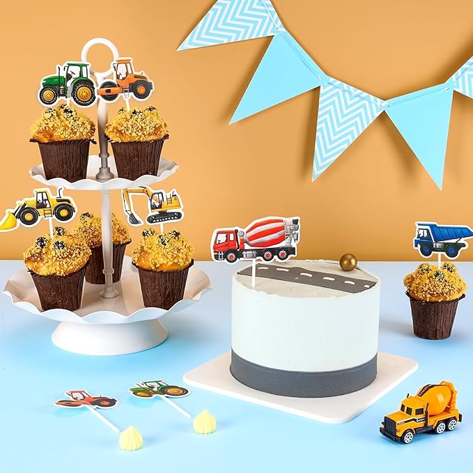 WERNNSAI 40 Pcs Construction Cupcake Toppers - Construction Birthday Party Supplies Truck Excavator Cake Toppers Picks for Kids Birthday Baby Shower Party Supplies