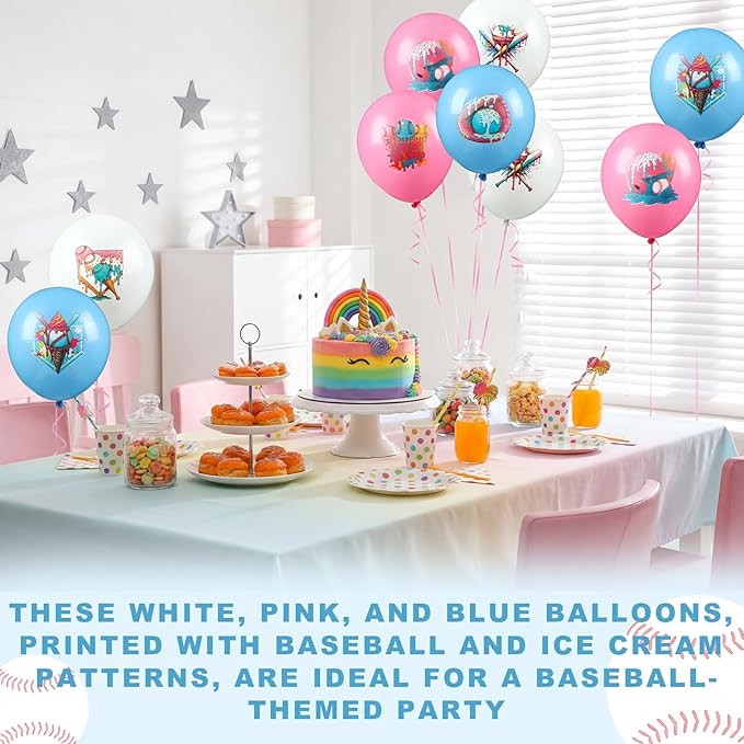 30 Pcs 10 Inch Ice Cream Drip Baseball Balloons with 32.8 ft Ribbon Pink and Blue White Baseball Balloon Decorations for Sport Themed Birthday Baby Shower Graduation Party Backdrop Supplies