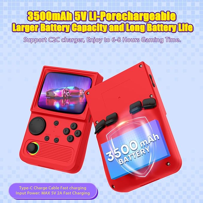 R36T Retro Gaming Console, 3.5'' IPS Screen CRT-Inspired, Handheld Game Console with 18000+ Classic Games Supports WiFi Networked Fighting and OTG, 3500mAh Battery, with Portable Case(Red 64GB)